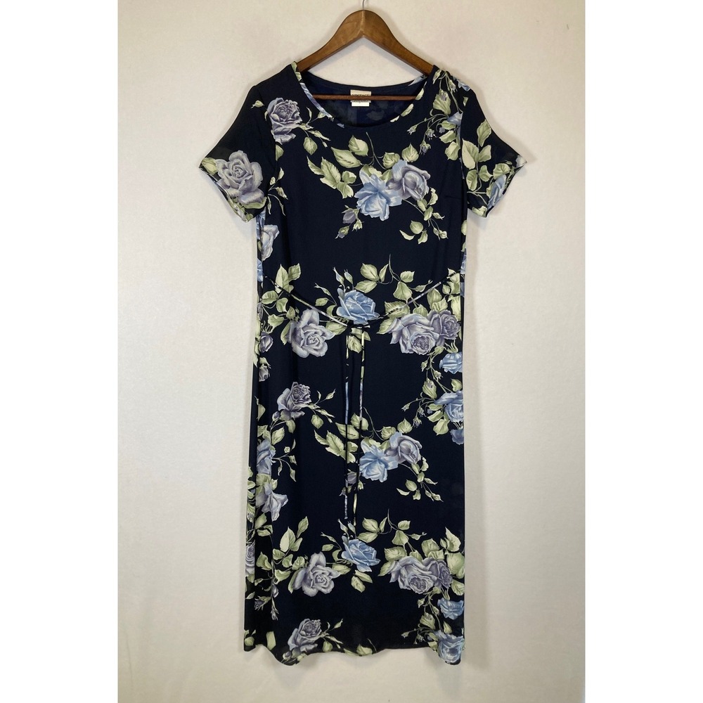 90s Romantic Vintage Studio Women Size 6 Navy Blue Floral Rose Midi Tie Dress